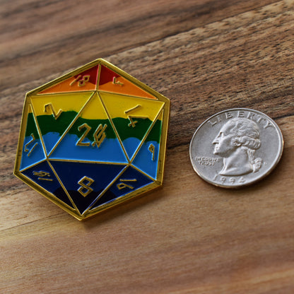 Pride and Gold Rainbow D20 Pin (Large) - Out of Play