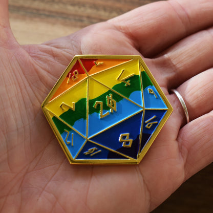 Pride and Gold Rainbow D20 Pin (Large) - Out of Play