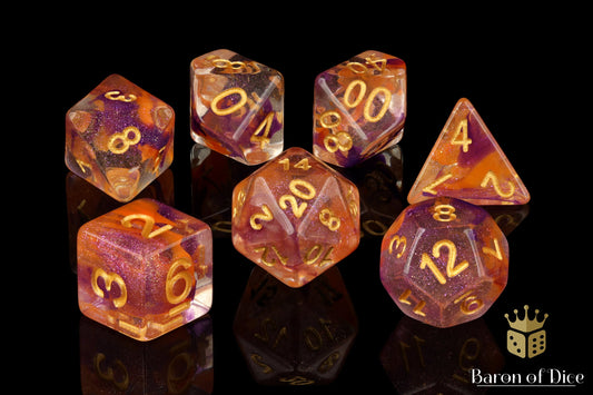 Orange & Purple RPG Dice Set - 7 Pieces - Out of Play