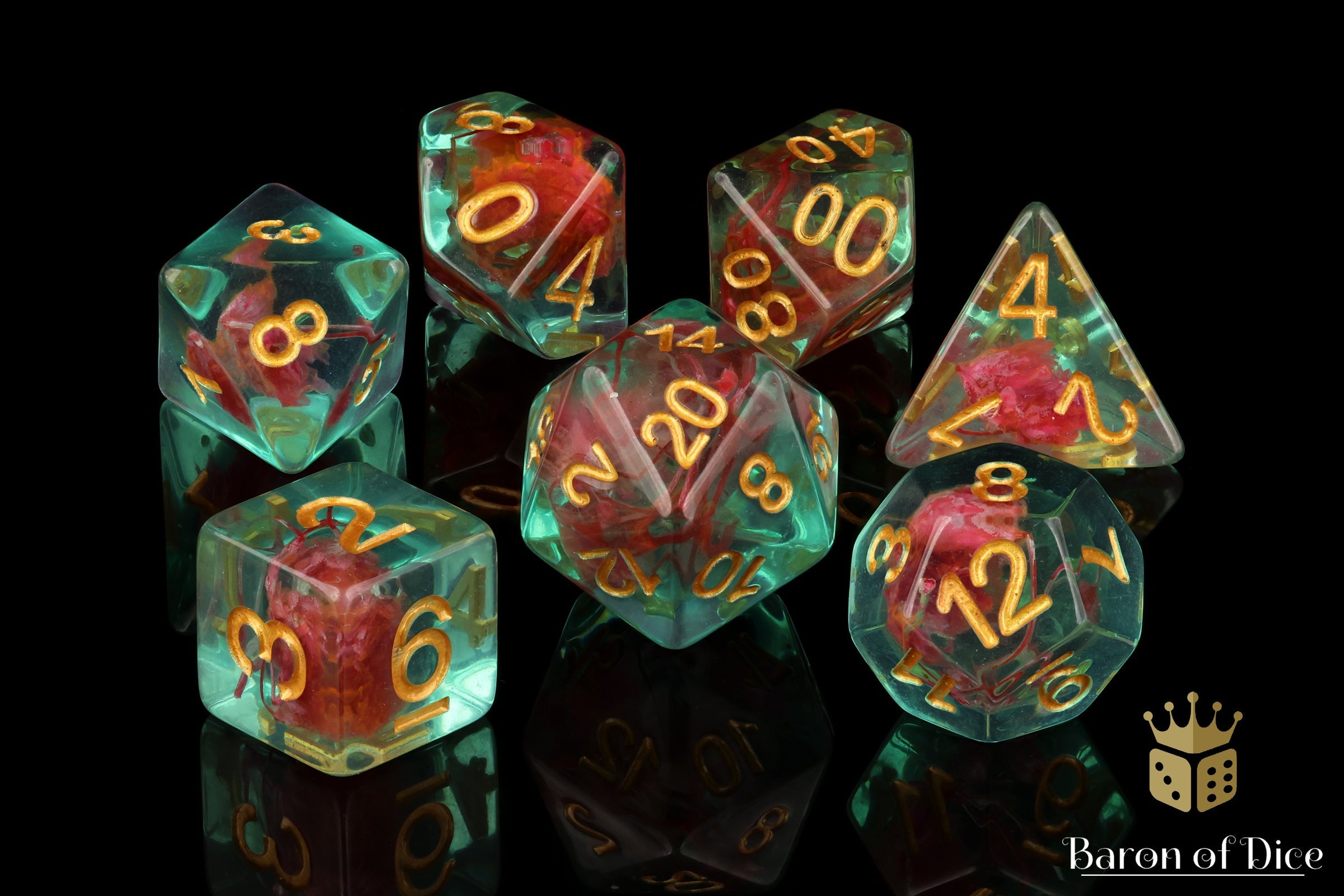 Teal With Red Flowers RPG Dice Set - 7 Pieces - Out of Play