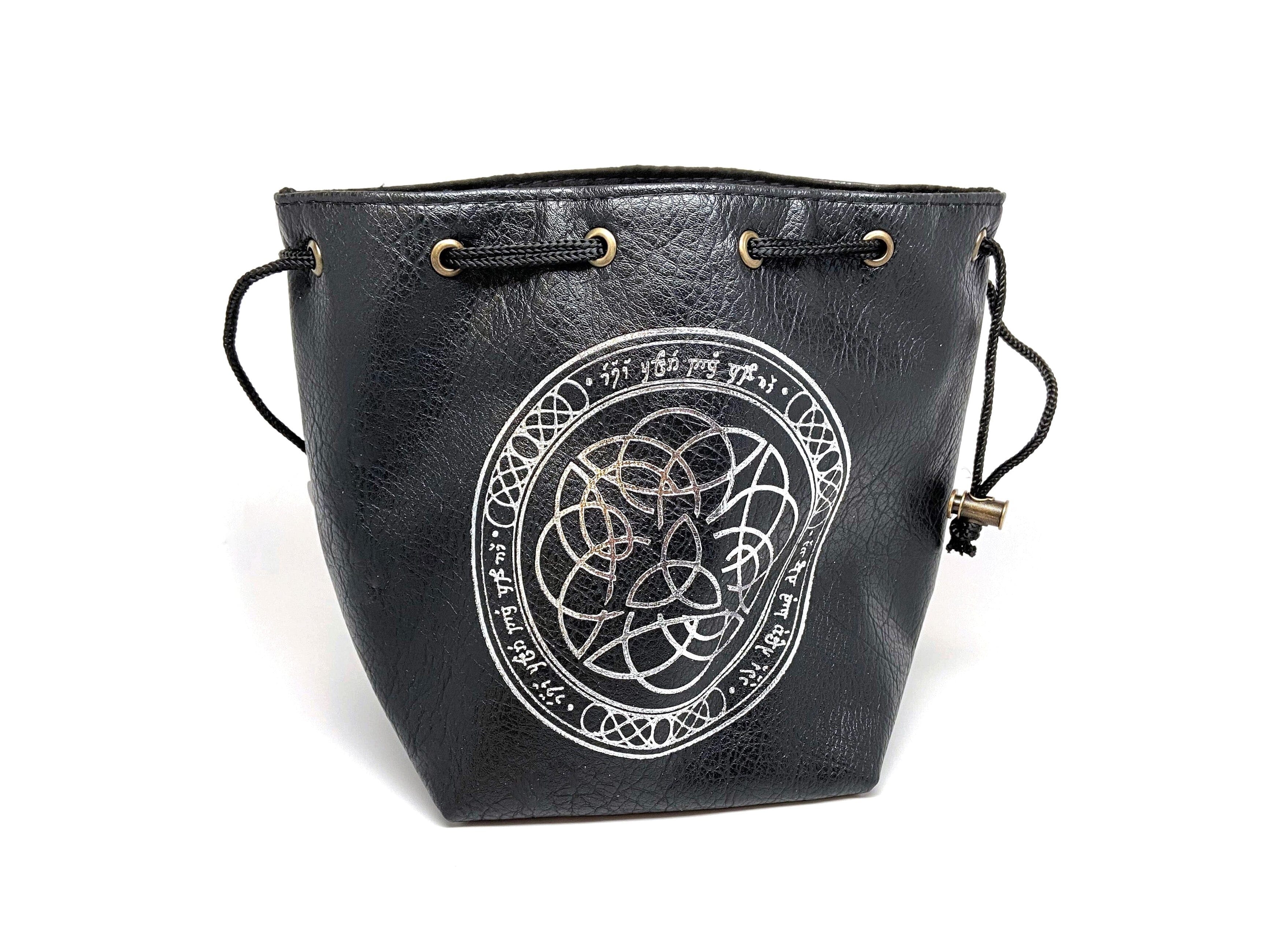 Black Leather Lite Elven Runes Design Self-Standing Large Dice Bag - Out of Play