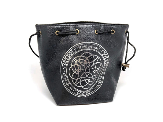 Black Leather Lite Elven Runes Design Self-Standing Large Dice Bag Easy Roller Dice Company