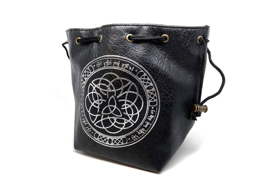 Black Leather Lite Elven Runes Design Self-Standing Large Dice Bag Easy Roller Dice Company