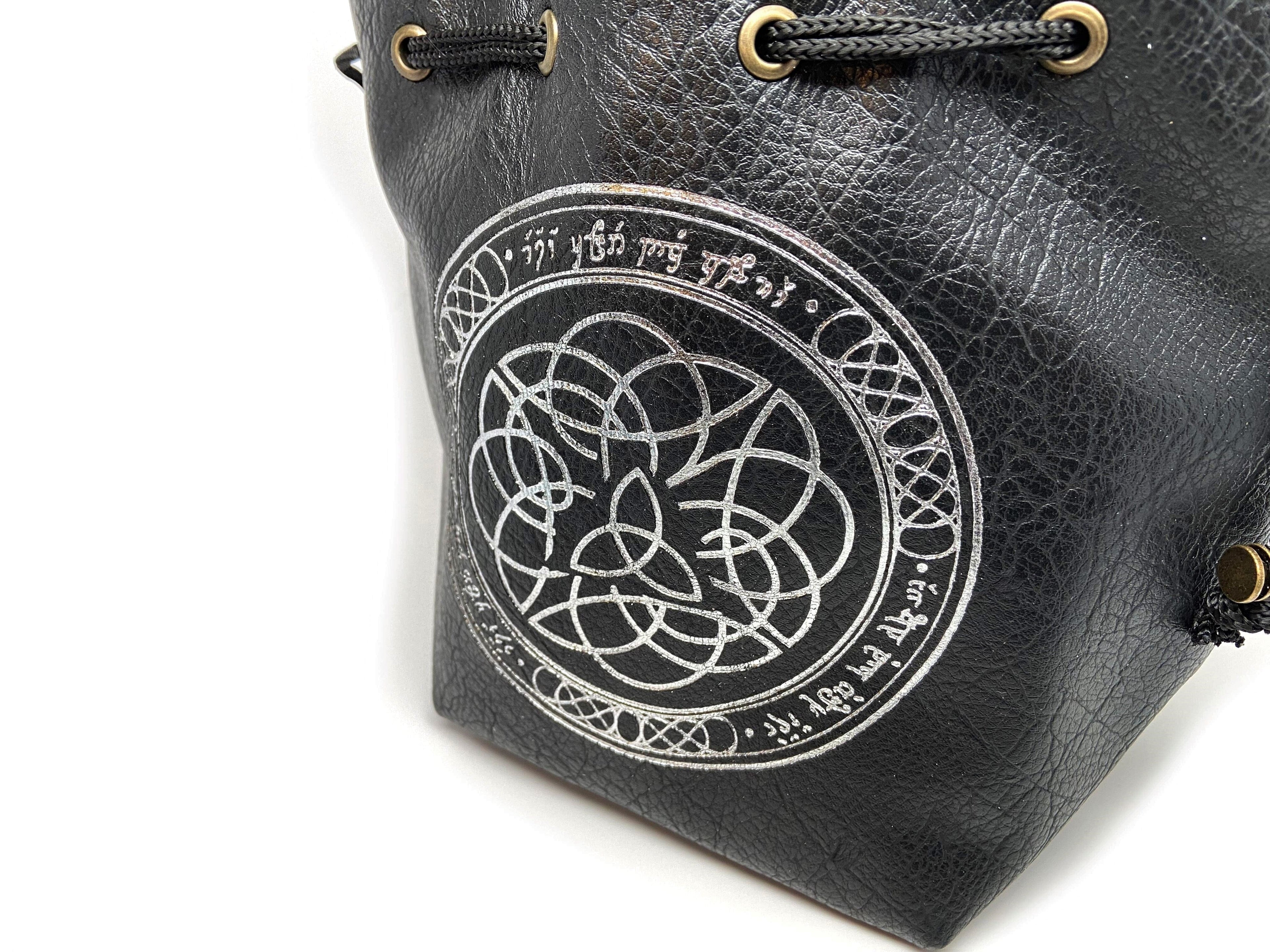 Black Leather Lite Elven Runes Design Self-Standing Large Dice Bag - Out of Play