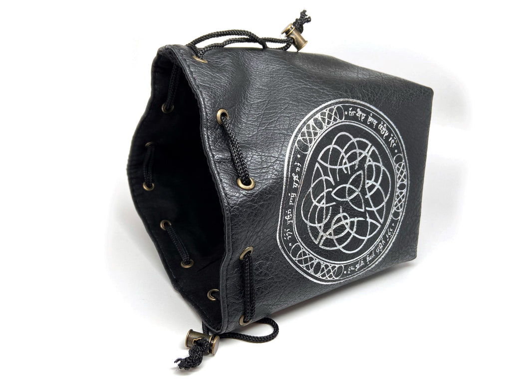 Black Leather Lite Elven Runes Design Self-Standing Large Dice Bag - Out of Play