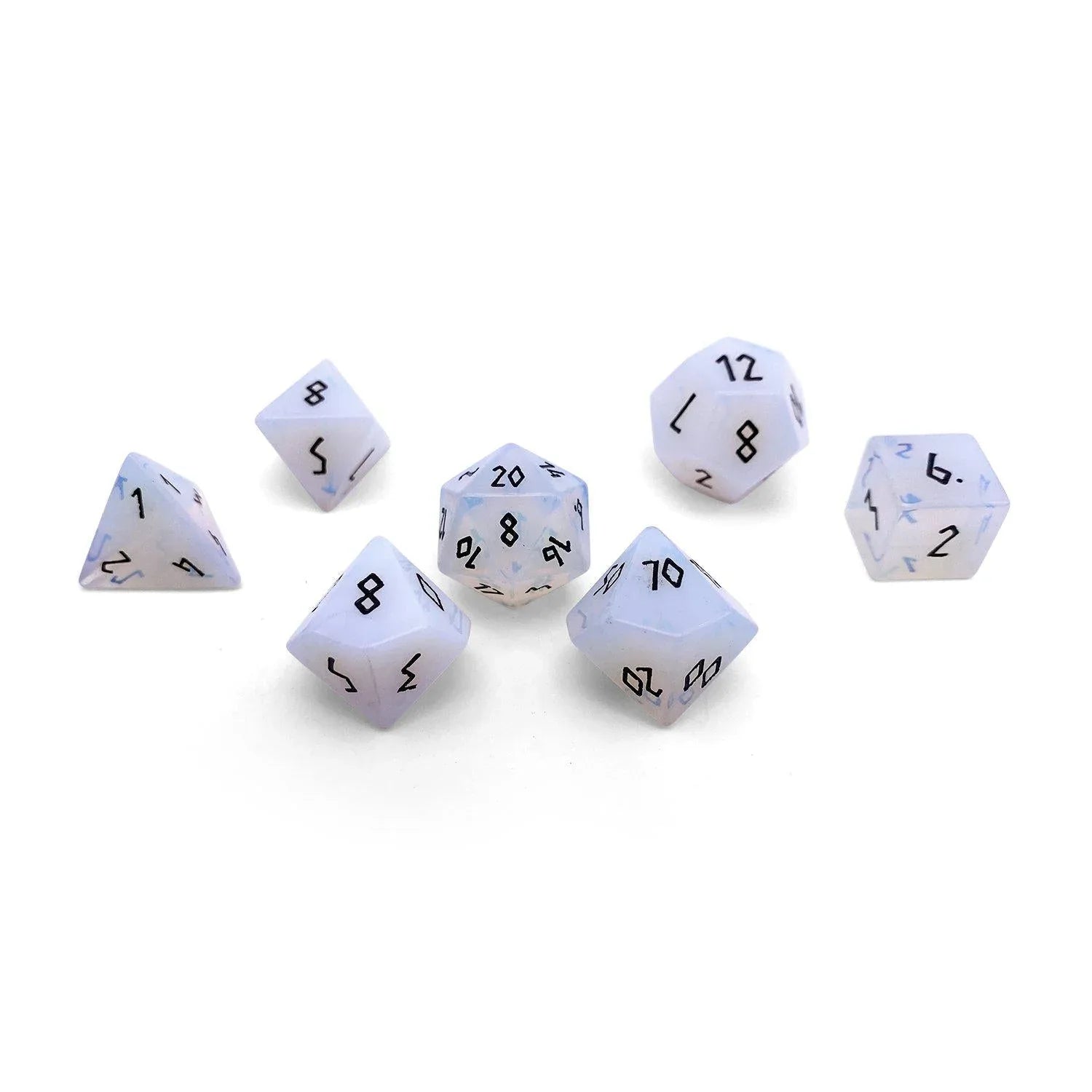 Opalite - Black Font 7 Piece RPG Set Gemstone Dice - Out of Play