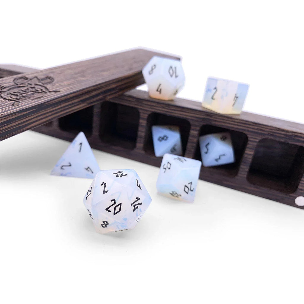 Opalite - Black Font 7 Piece RPG Set Gemstone Dice - Out of Play