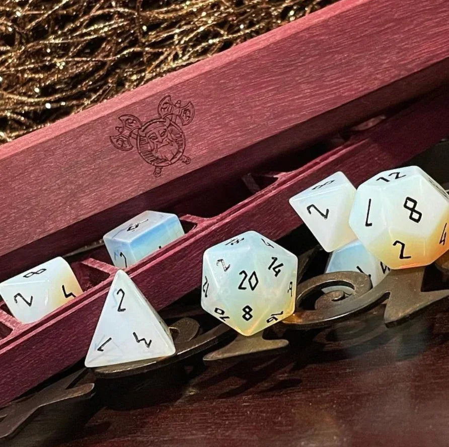 Opalite - Black Font 7 Piece RPG Set Gemstone Dice - Out of Play
