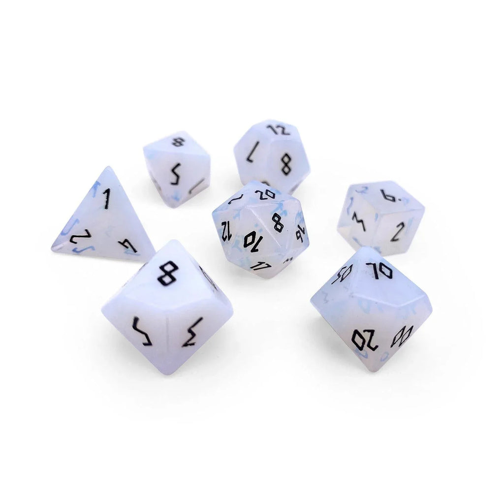 Opalite - Black Font 7 Piece RPG Set Gemstone Dice - Out of Play