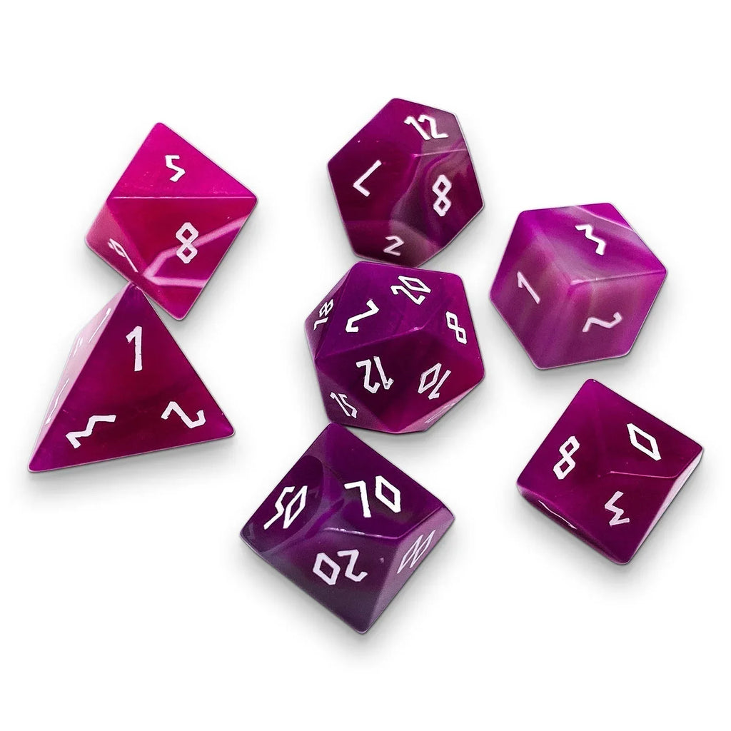 Pink Striped Agate - 7 Piece RPG Set Gemstone Dice - Out of Play
