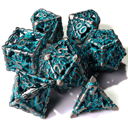 Grim Reaper Teal Glow Metal RPG Dice Set - 7 Pieces - Out of Play