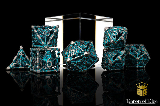 Grim Reaper Teal Glow Metal RPG Dice Set - 7 Pieces - Out of Play