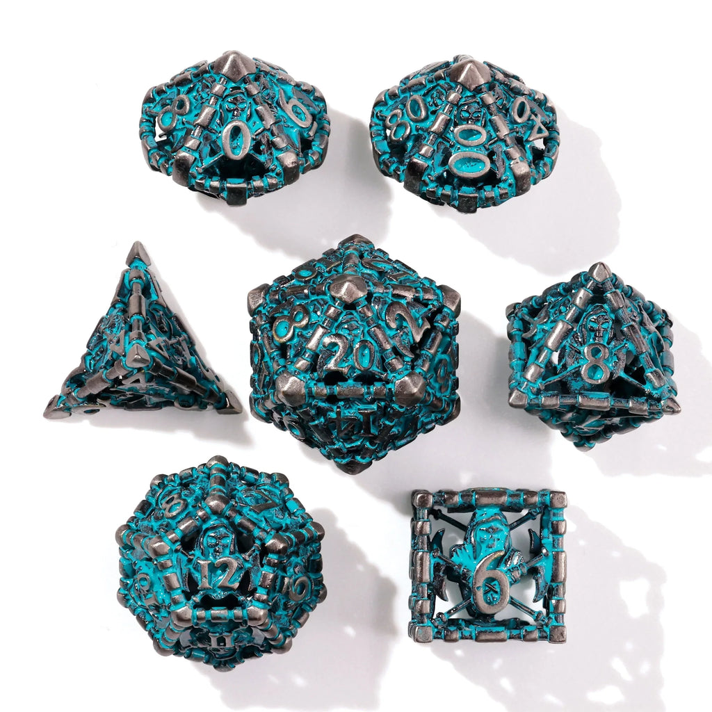 Grim Reaper Teal Glow Metal RPG Dice Set - 7 Pieces - Out of Play