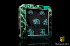 Grim Reaper Teal Glow Metal RPG Dice Set - 7 Pieces - Out of Play