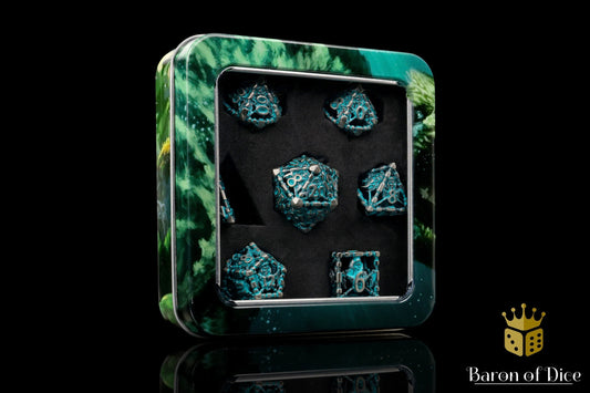 Grim Reaper Teal Glow Metal RPG Dice Set - 7 Pieces - Out of Play
