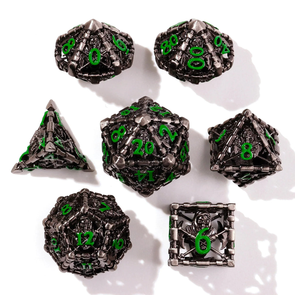 Grim Reaper Ethereal Glow Metal RPG Dice Set - 7 Pieces - Out of Play