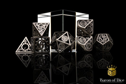 Silver Machinery Metal RPG Dice Set - 7 Pieces - Out of Play