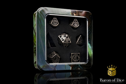 Silver Machinery Metal RPG Dice Set - 7 Pieces - Out of Play