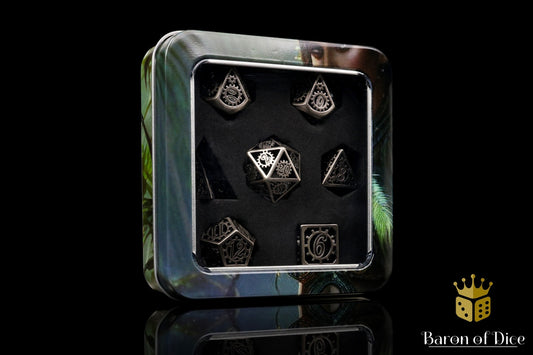 Silver Machinery Metal RPG Dice Set - 7 Pieces - Out of Play