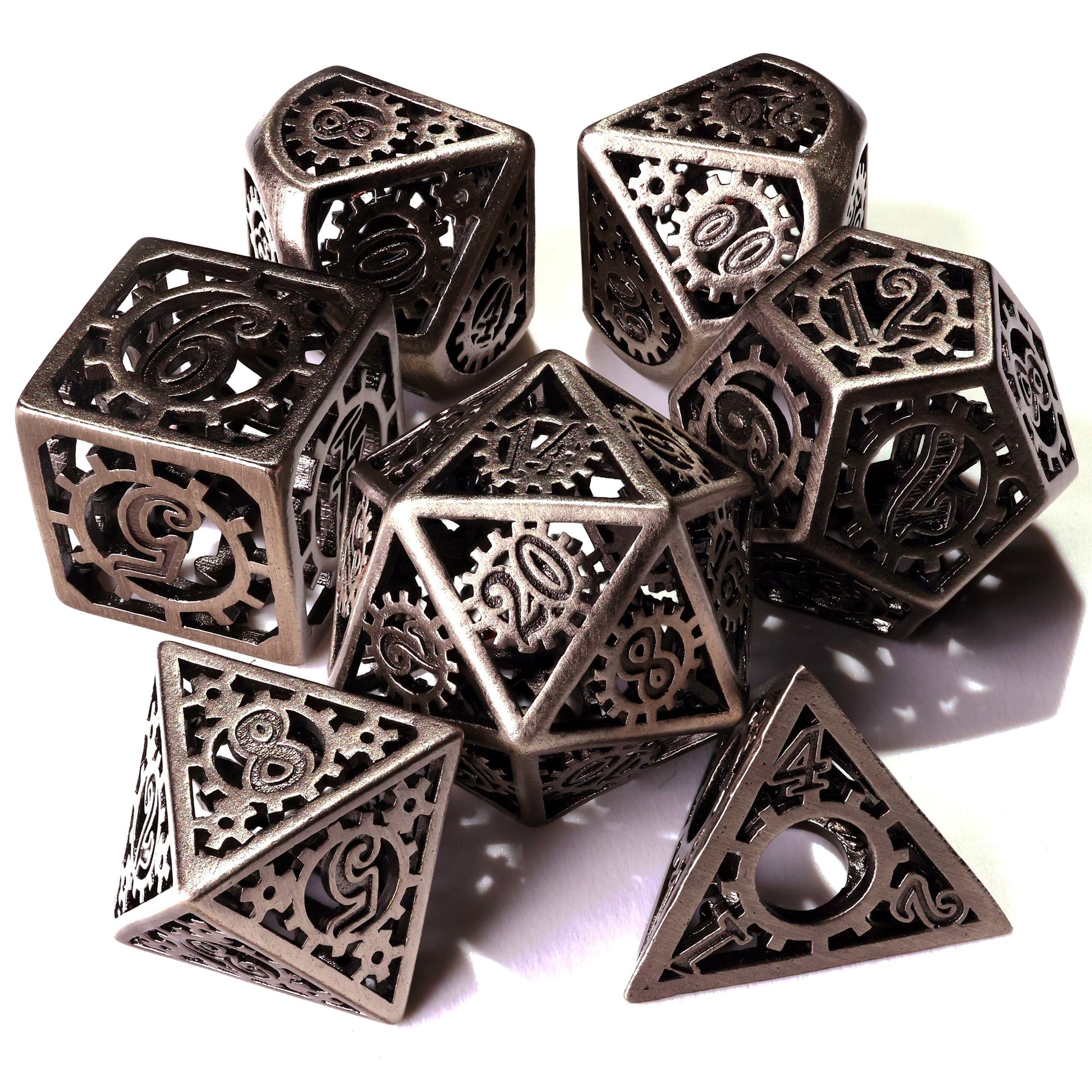 Silver Machinery Metal RPG Dice Set - 7 Pieces - Out of Play