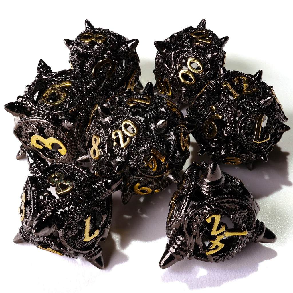 Coiled Black Dragon Metal RPG Dice Set - 7 Pieces - Out of Play