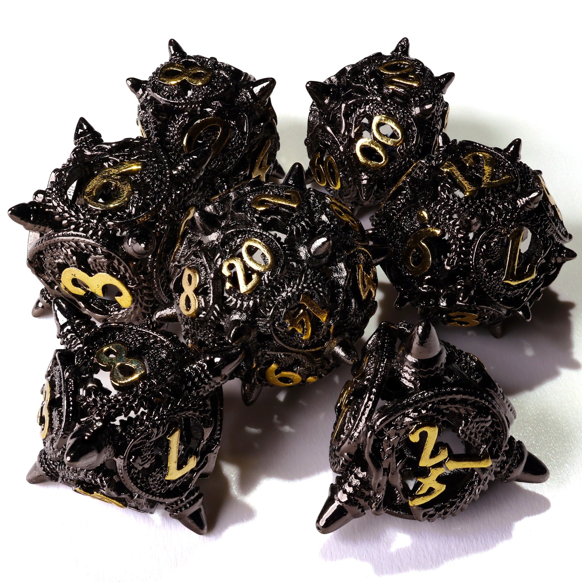 Coiled Black Dragon Metal RPG Dice Set - 7 Pieces - Out of Play