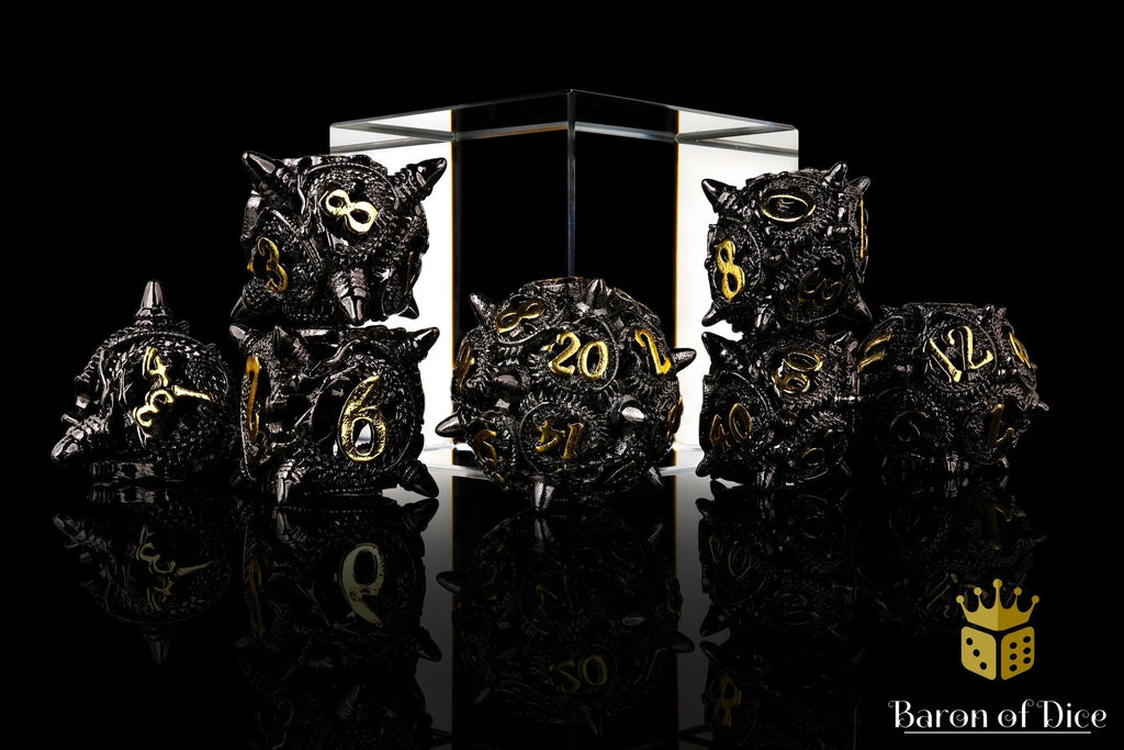 Coiled Black Dragon Metal RPG Dice Set - 7 Pieces - Out of Play