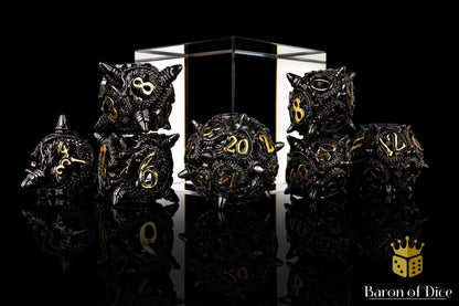 Coiled Black Dragon Metal RPG Dice Set - 7 Pieces - Out of Play