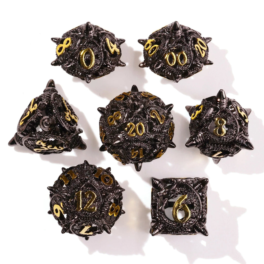 Coiled Black Dragon Metal RPG Dice Set - 7 Pieces - Out of Play