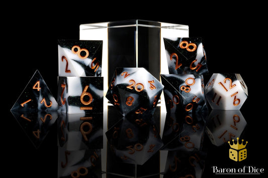 Marble Sharp Edge RPG Dice Set - 7 Pieces - Out of Play