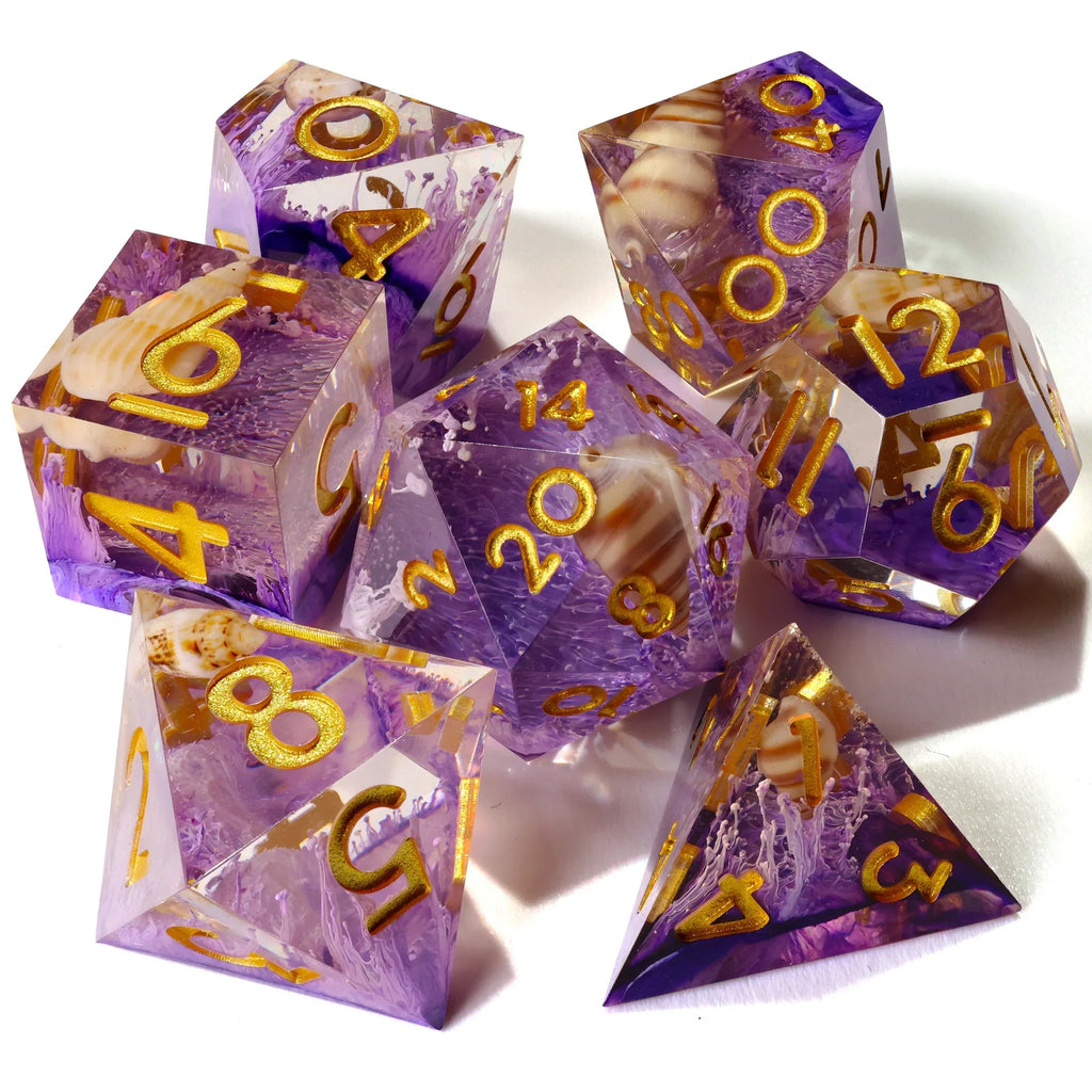 Purple Seashell Sharp Edge RPG Dice Set - 7 Pieces - Out of Play