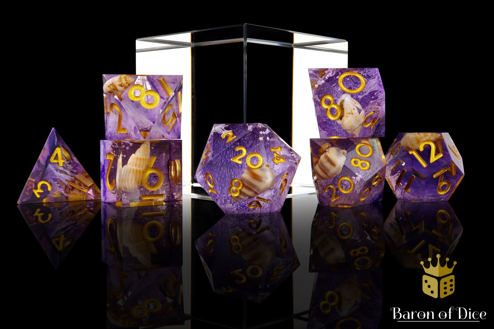 Purple Seashell Sharp Edge RPG Dice Set - 7 Pieces - Out of Play