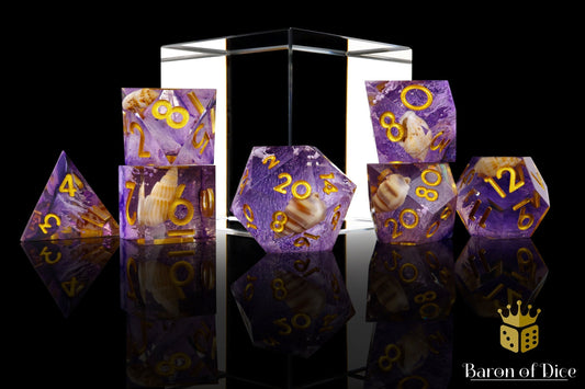 Purple Seashell Sharp Edge RPG Dice Set - 7 Pieces - Out of Play