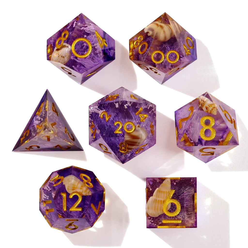 Purple Seashell Sharp Edge RPG Dice Set - 7 Pieces - Out of Play