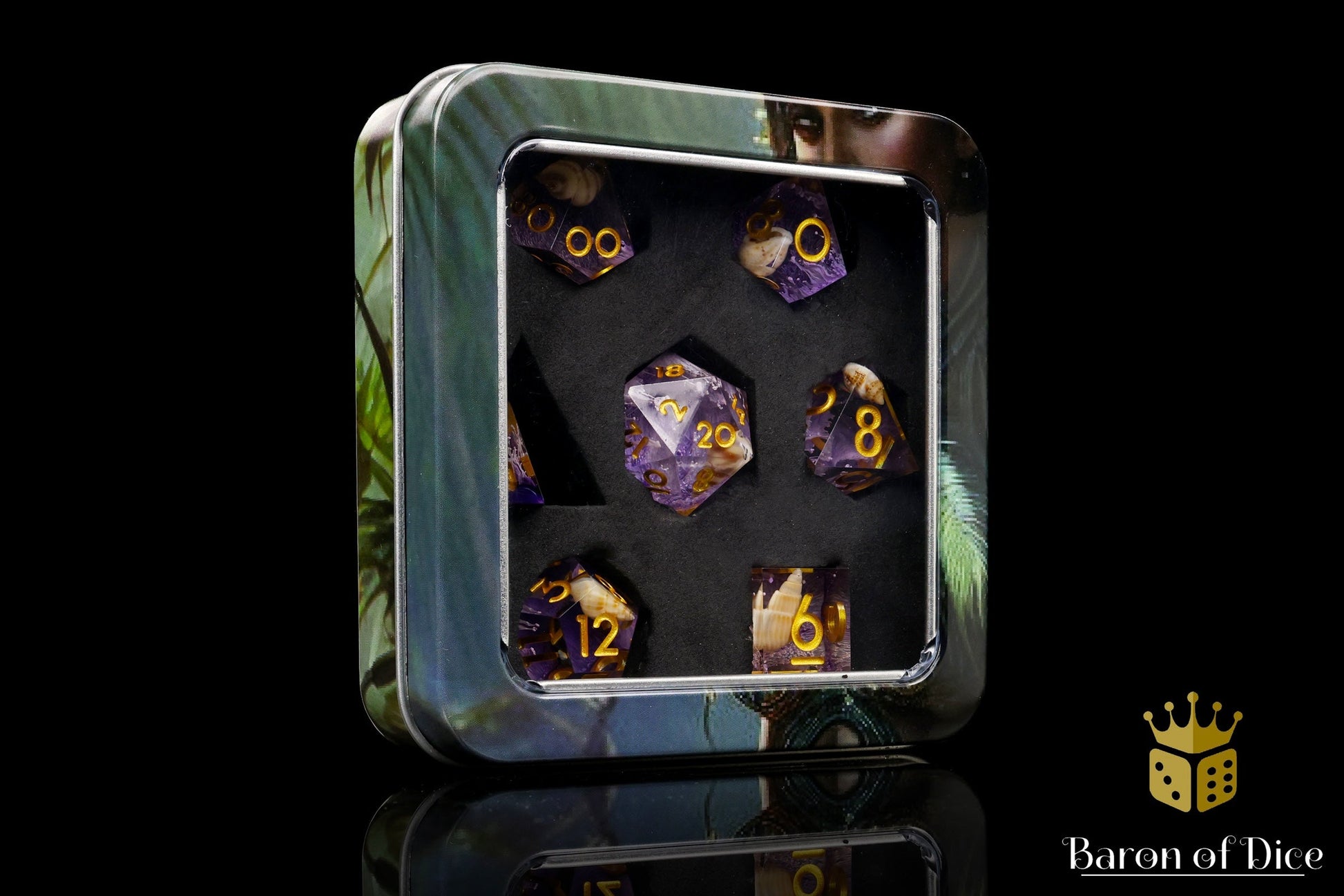 Purple Seashell Sharp Edge RPG Dice Set - 7 Pieces - Out of Play