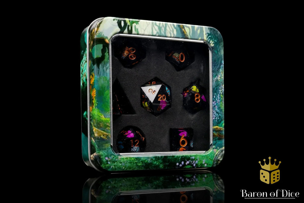 Black Butterfly Sharp Edge RPG Dice Set - 7 Pieces - Out of Play