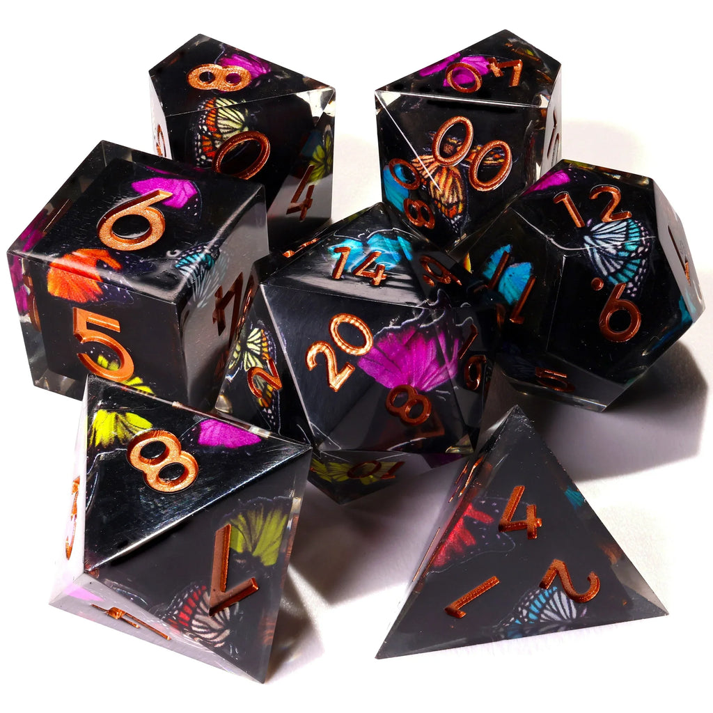 Black Butterfly Sharp Edge RPG Dice Set - 7 Pieces - Out of Play