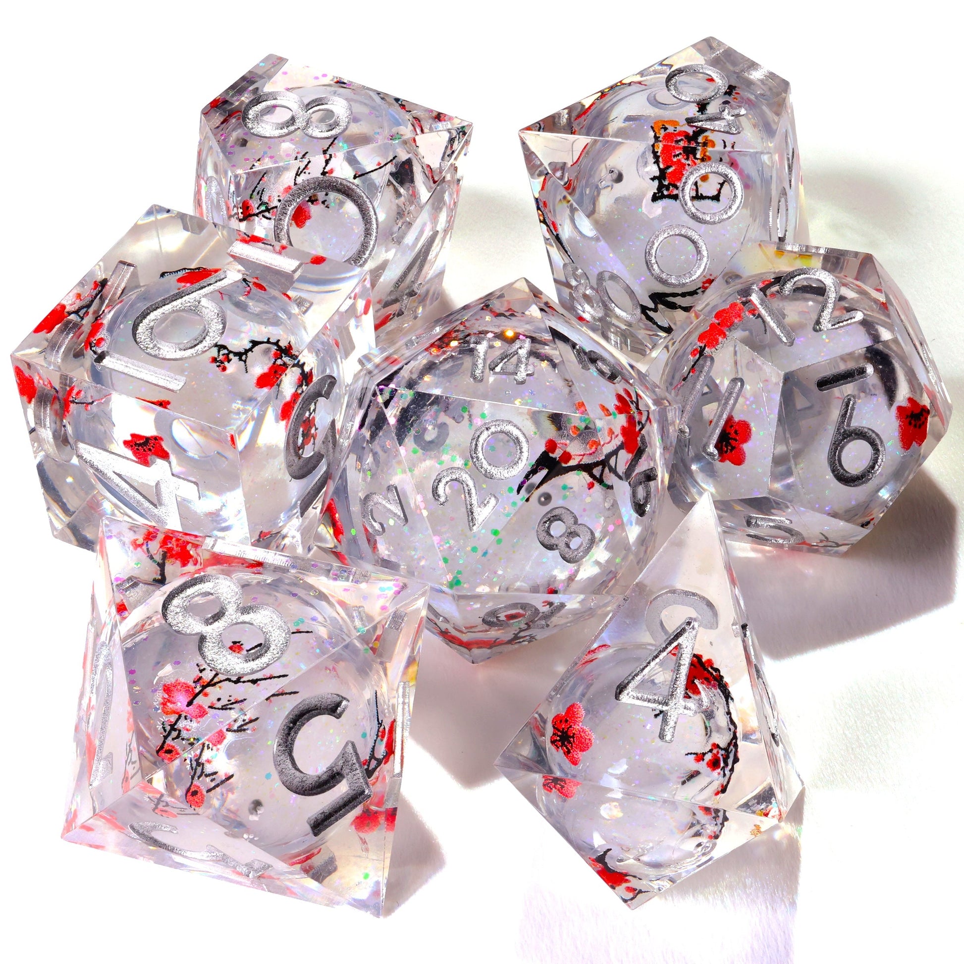 Winter Cherry Blossom Liquid Core RPG Dice Set - 7 Pieces - Out of Play