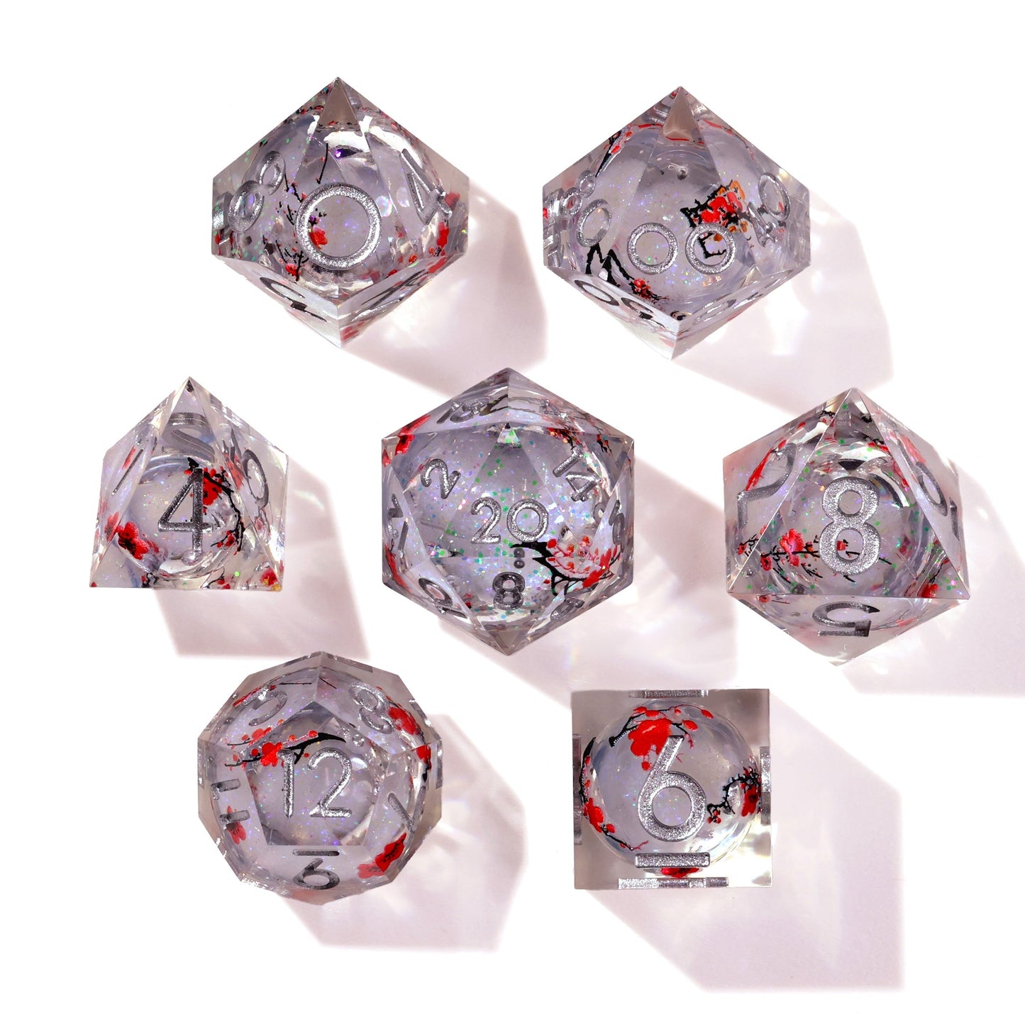 Winter Cherry Blossom Liquid Core RPG Dice Set - 7 Pieces - Out of Play