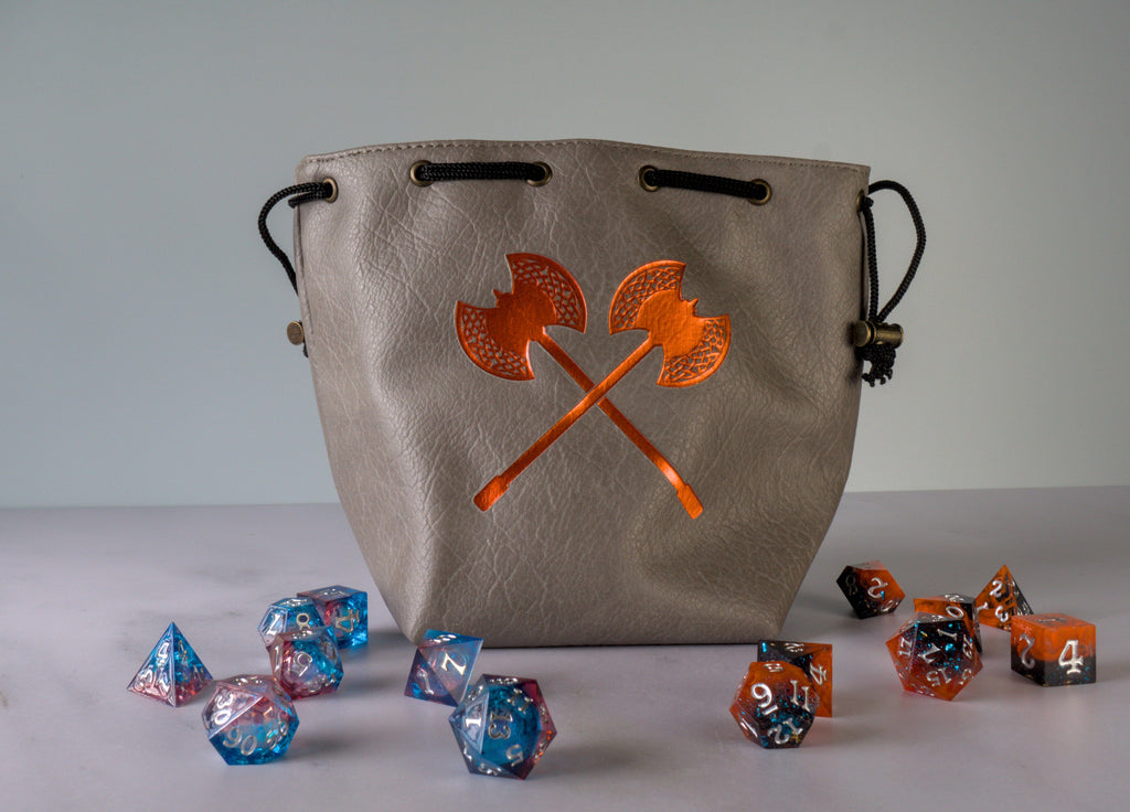 Grey Leather-Lite Giant Axe Self-Standing Large Dice Bag - Out of Play