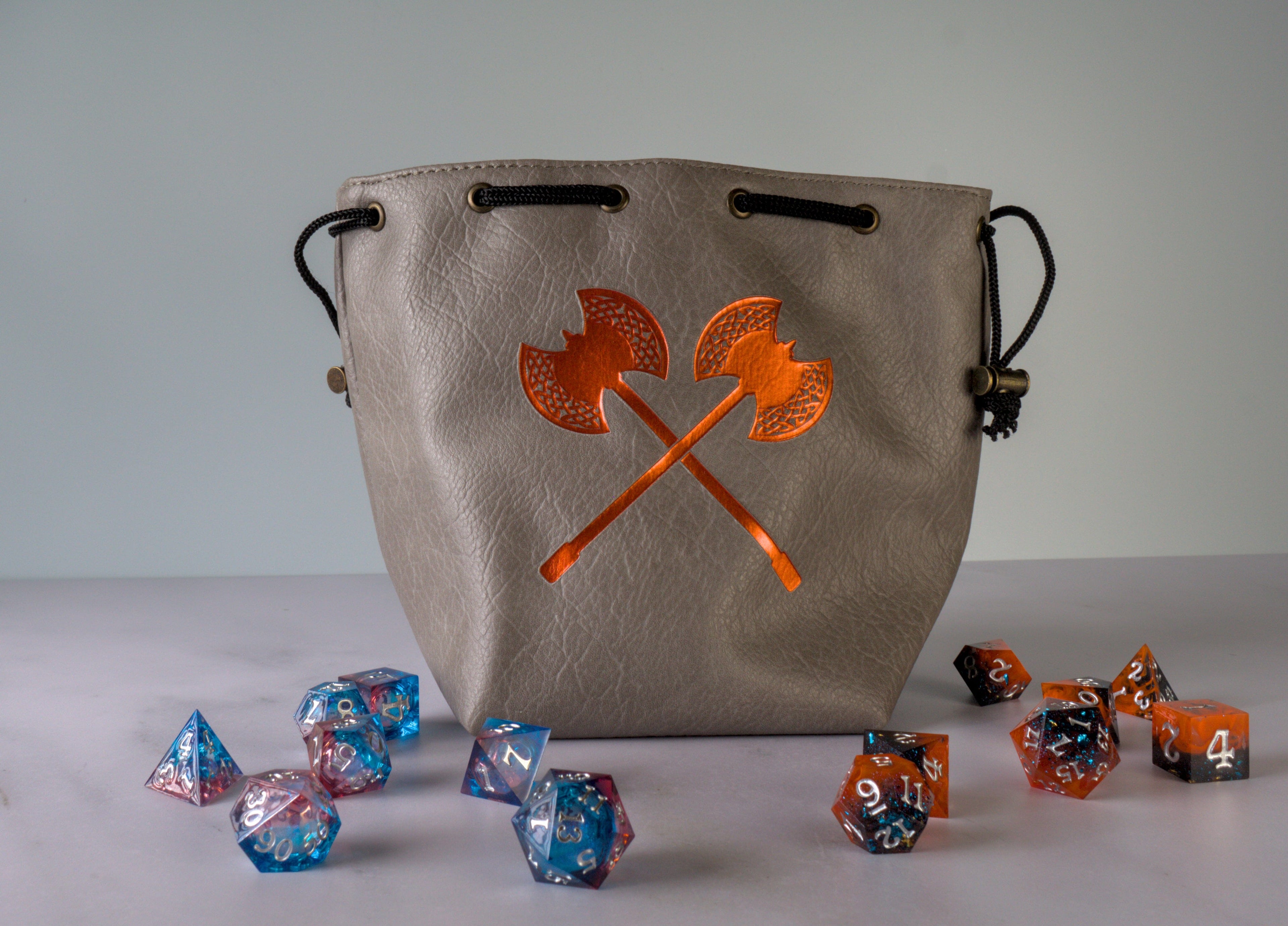Grey Leather-Lite Giant Axe Self-Standing Large Dice Bag - Out of Play