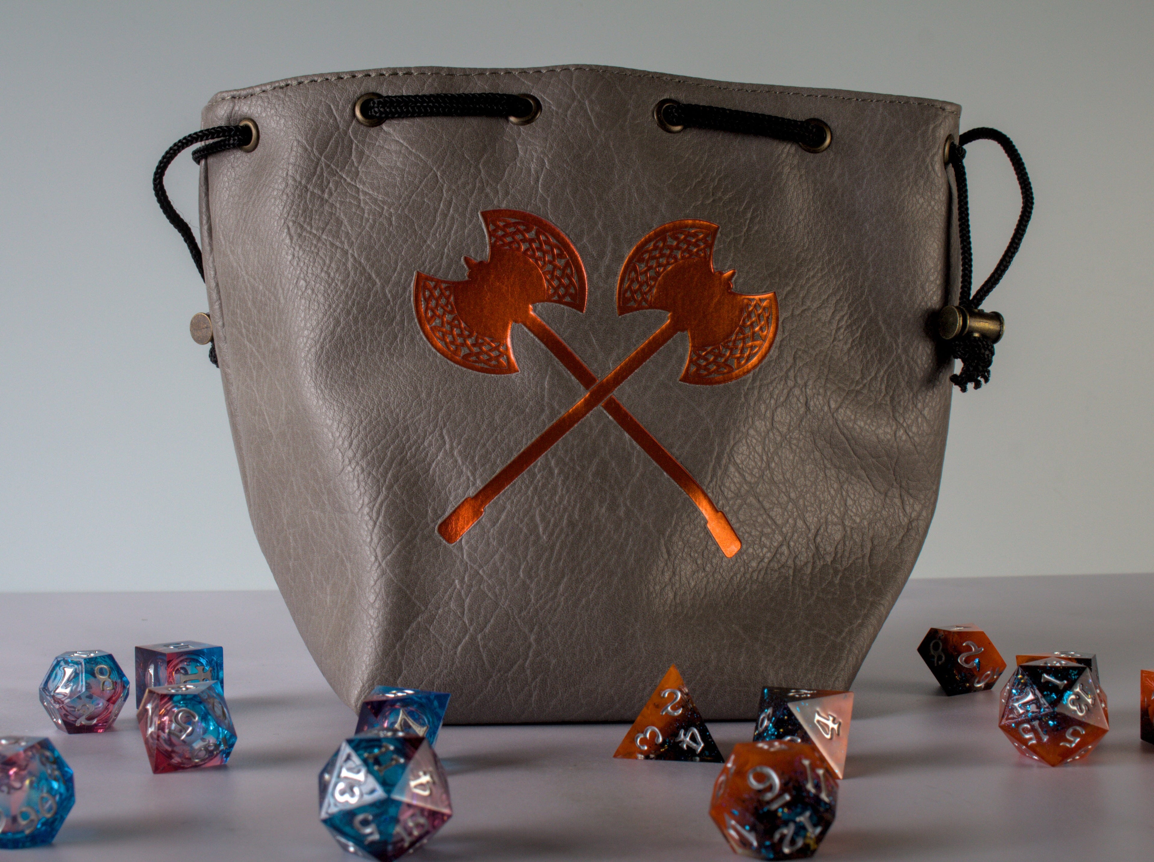 Grey Leather-Lite Giant Axe Self-Standing Large Dice Bag - Out of Play