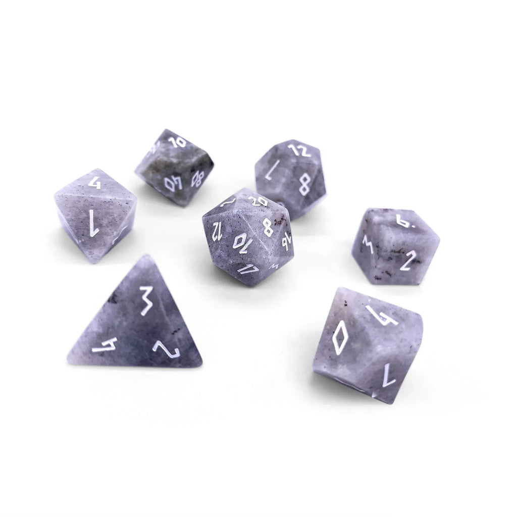 White Labradorite - 7 Piece RPG Set Gemstone Dice - Out of Play