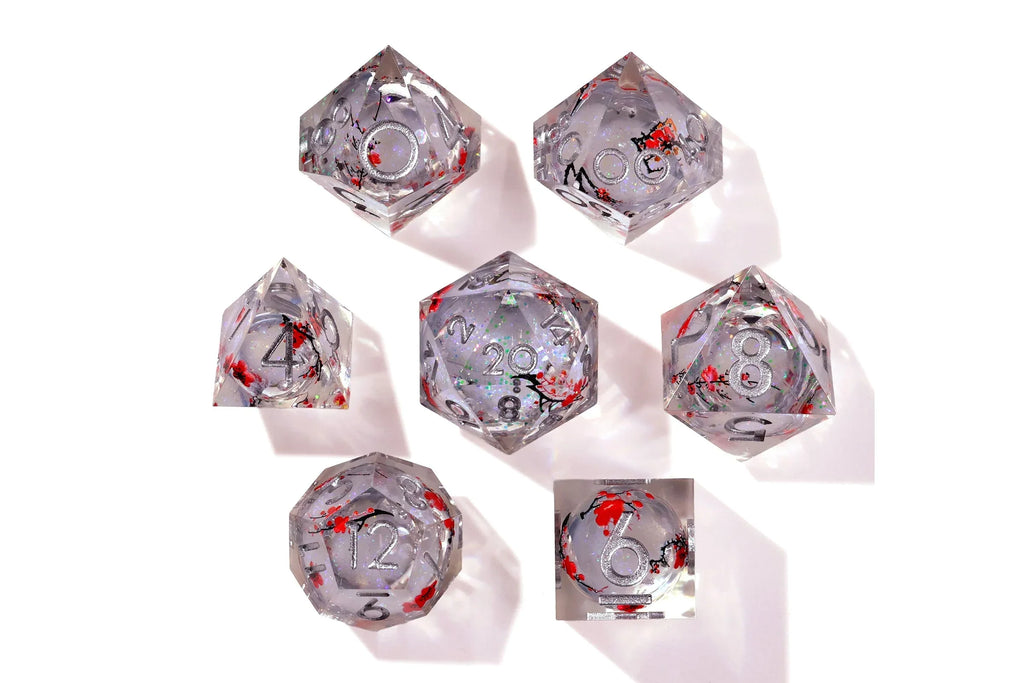 Winter Cherry Blossom Liquid Core RPG Dice Set - 7 Pieces - Out of Play