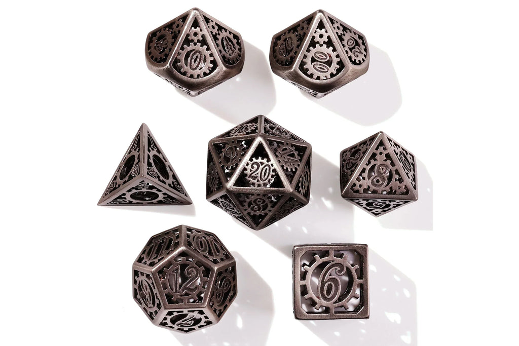 Silver Machinery Metal RPG Dice Set - 7 Pieces - Out of Play